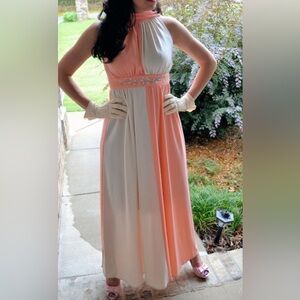 Vintage two-tone peach maxi, 70s dress cocktail evening dress gown